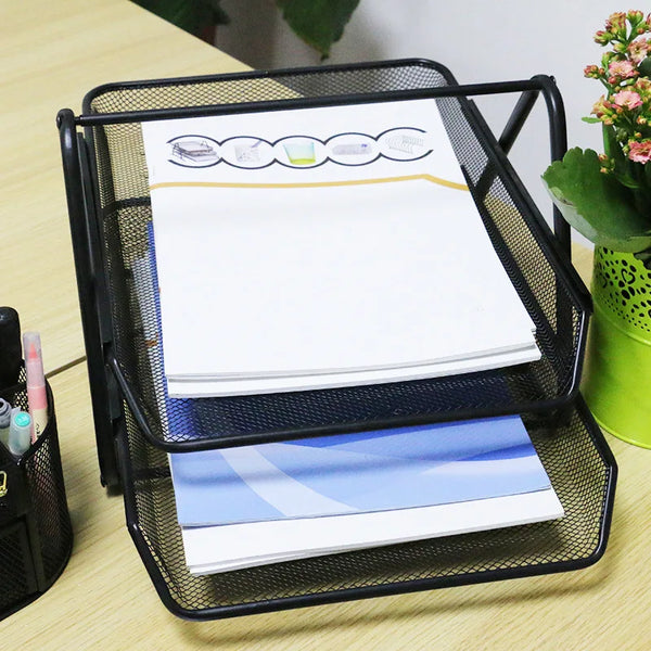 2 Layer Black Metal File Cabinet displaying organized documents on a desk with pens and a plant.