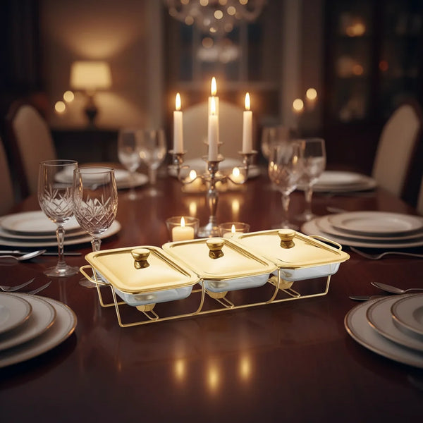 Square Glass Lid Buffet Chafing Dish Food Warmer elegantly displayed on a dining table with candles and tableware.