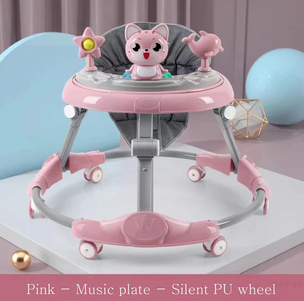 Classical Musical 3 in 1 Baby Walker in pink with music plate and silent PU wheels.
