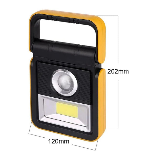 Solar LED Work Light Rechargeable Waterproof with dimensions 202mm x 120mm, perfect for outdoor use.
