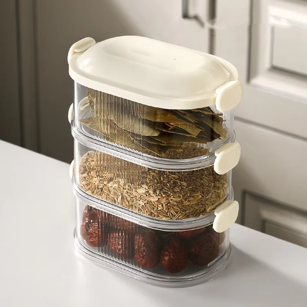 3-Tier Stackable Spice and Snack Tower for organizing spices, snacks, and essentials in the kitchen.