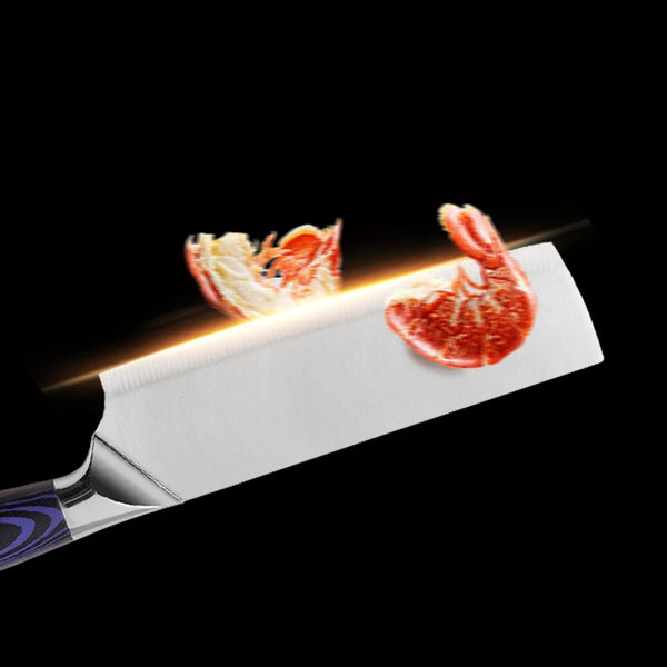 Multi-Purpose Japanese Kitchen Chef Knife slicing shrimp with precision and ease against a dark background.