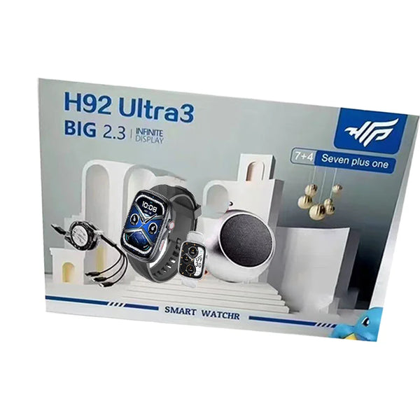 H92 Utra3 Smartwatch Fitness Tracker displayed with features and design elements on packaging.