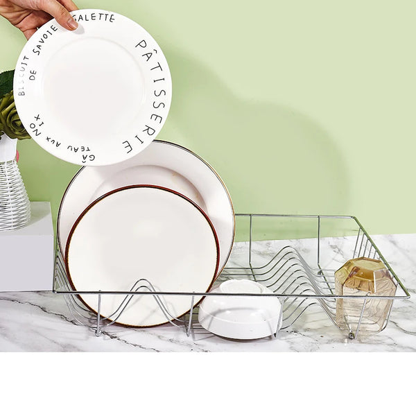 Metal Wire Dish Drying Rack with plates being placed for drying in a modern kitchen setting.