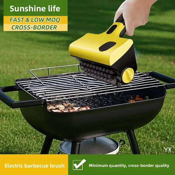 Heat-Resistant Electric Grill Brush Barbecue Cleaning Brush cleaning a barbecue grill with electric brush.