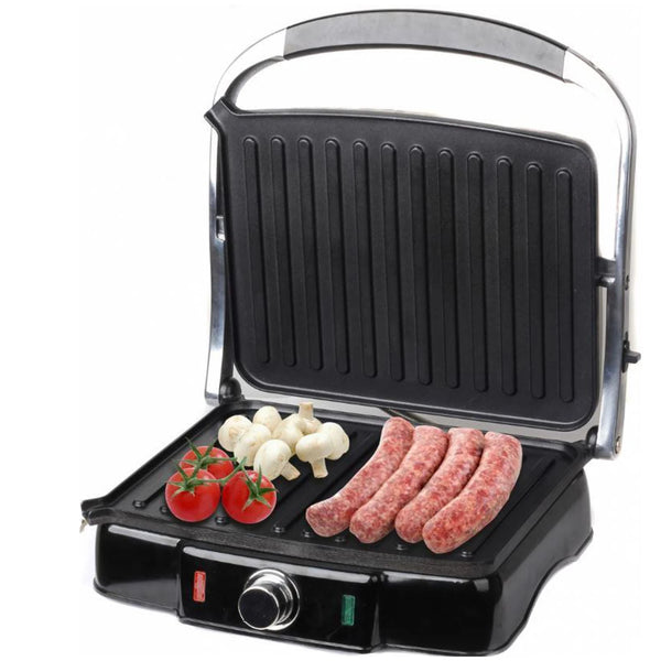 4-Slice Sandwich Press and Electric Contact Grill cooking sausages and vegetables on grill plates.