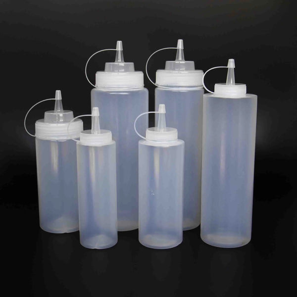 Food Grade Squeeze Sauce Bottle Set featuring various sizes of clear squeeze bottles for easy condiment dispensing.