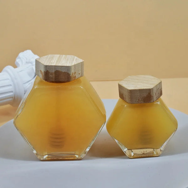 Hexagon Honey Glass Jar with Wooden Lid