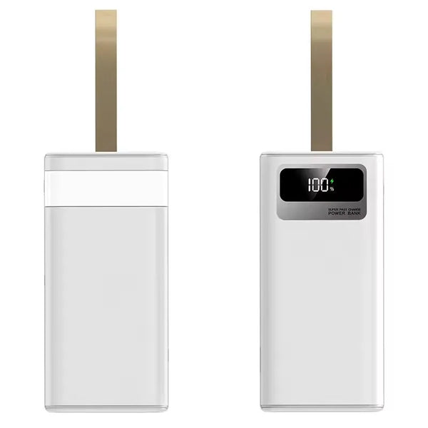 High Capacity Portable Power Bank with LED Light showing front and back design, LED display, and sleek white finish.