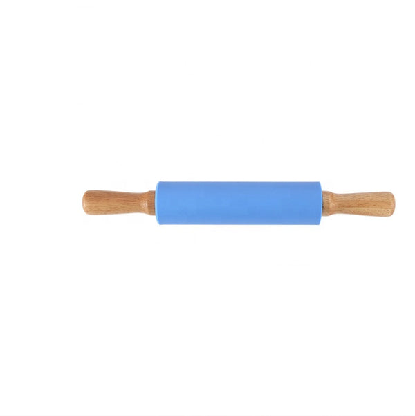 Non-Stick Wooden Handle Silicone Rolling Pin with blue silicone center and wooden handles for easy dough preparation.
