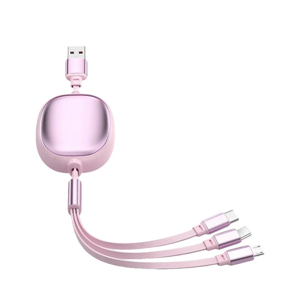 3-in-1 Retractable Fast Charging USB Cable in pink with three connectors for versatile charging