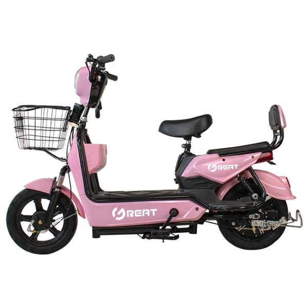 48V Electric City Bike for Adults in pink with basket, suitable for urban commuting.