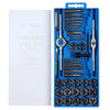 40PC Professional Metric Tap Wrench and Die Set displayed in a blue storage case, showing various tap and die tools.