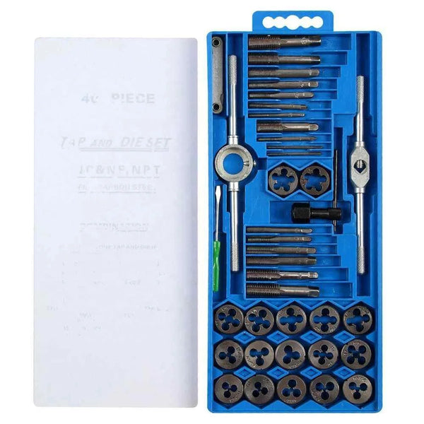 40PC Professional Metric Tap Wrench and Die Set displayed in a blue storage case, showing various tap and die tools.