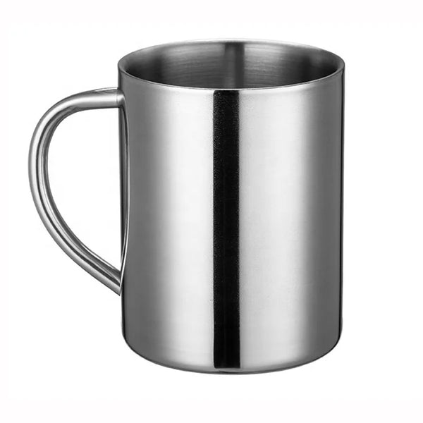 Double Wall Stainless Steel Camping Tumbler Travel Coffee Cups Set - Silver stainless steel mug with handle.