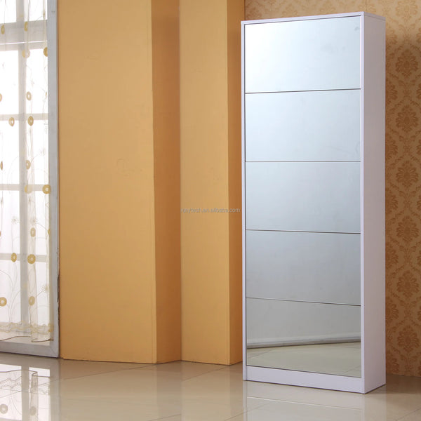 5 Tier Mirrored Shoe Cabinet with Flip Down Drawers showcased in a stylish entranceway.