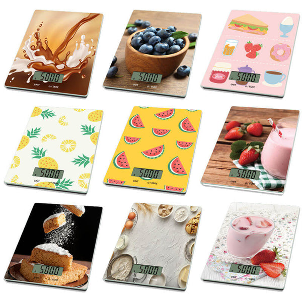 Digital Kitchen Scale with Tempered Glass with Bamboo Design in various colorful designs and food imagery.