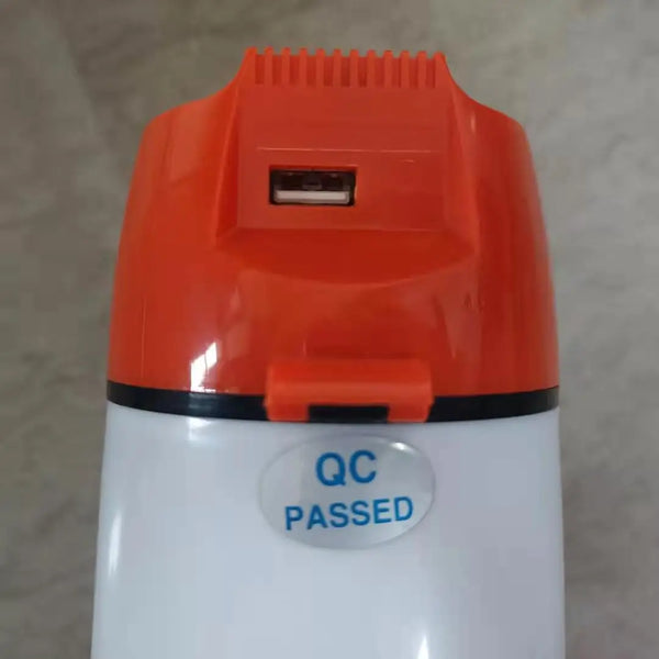 Close-up of Handheld Power Megaphone 50W showing quality control passed sticker and charging port.