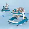 Foldable 3-in-1 Baby Learning Walker with Wheels and Seat in a vibrant blue and gray design, suitable for young children.