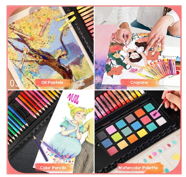 208 Piece Deluxe Kids Art Sketching and Drawing Set with oil pastels, crayons, color pencils, and watercolor palette.