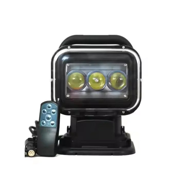 60W Rechargeable Remote Search Light with remote control and three powerful LED beams for outdoor use.