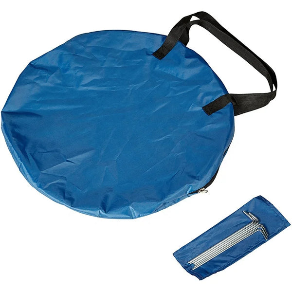 Automatic Pop-Up Beach Tent carrying bag with zipper and tent stakes for easy transport and storage.