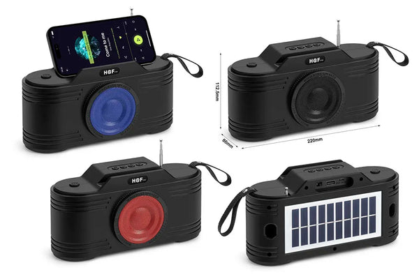Creative Camera Portable Wireless Solar Speaker with smartphone on top, showcasing side and back views.