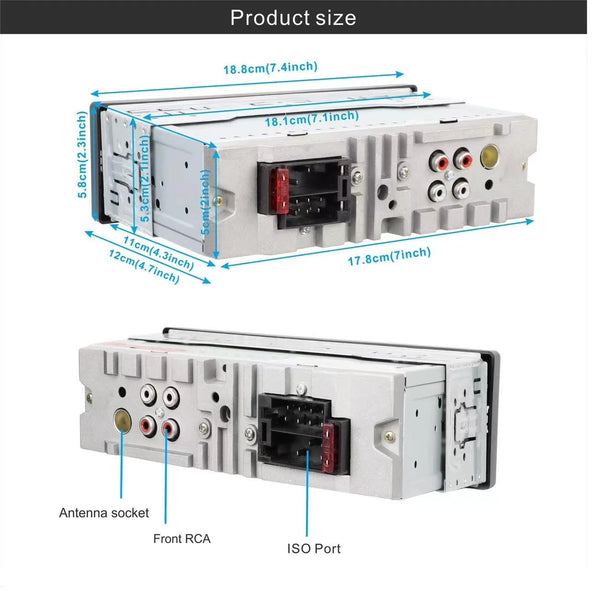 7-Color LED Single DIN Car MP3 Player with Bluetooth product size dimensions and connections overview