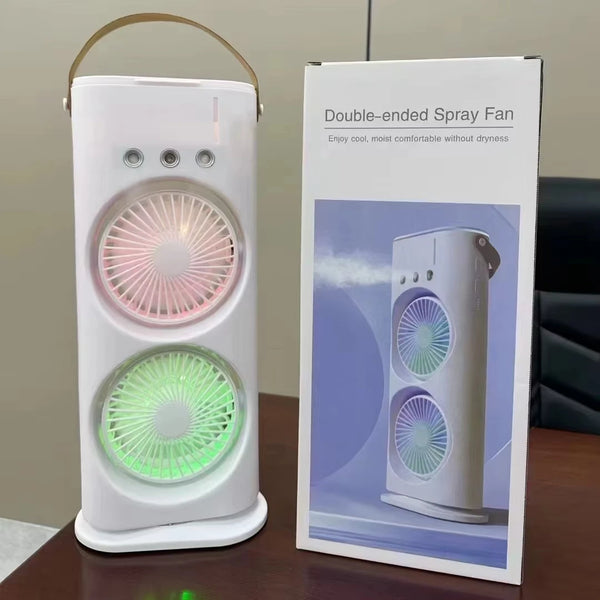 3-in-1 Mini Desktop LED Light Air Cooler Portable Water Mist Fan with dual fans and colorful LED lights.
