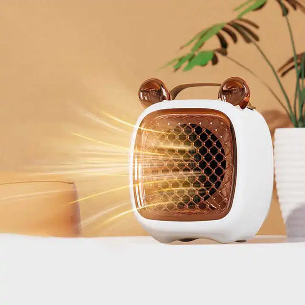 Customize Logo 1000W Energy Efficient Space Heater emitting warm air with stylish design on a table.