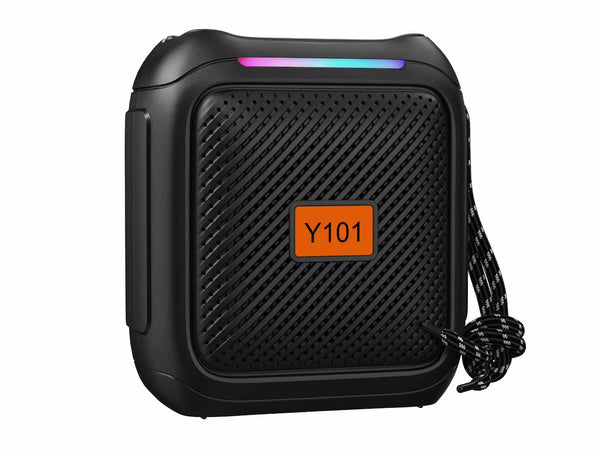 Portable Wireless Bluetooth Speaker in sleek black design with strap and vibrant LED light.