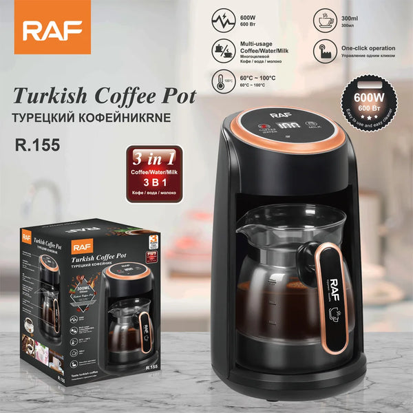Electric Turkish Coffee Maker with Glass Carafe and Touch Controls, Turkish coffee pot with glass carafe and touch controls.