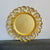 13 Inch Gold Wooden Textured Round Plastic Charger Plate on a gray surface, showcasing its elegant design for formal dining.