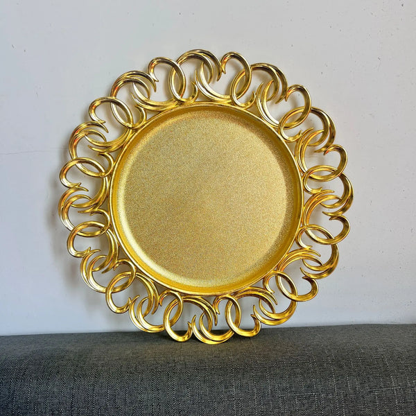 13 Inch Gold Wooden Textured Round Plastic Charger Plate on a gray surface, showcasing its elegant design for formal dining.
