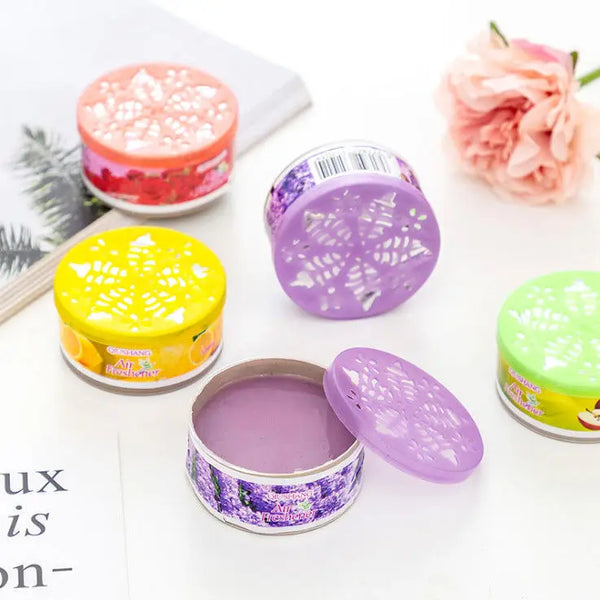 Set of Long Lasting Solid Air Freshener Purifying Gel containers in various colors and scents, showcasing a vibrant, inviting atmosphere.