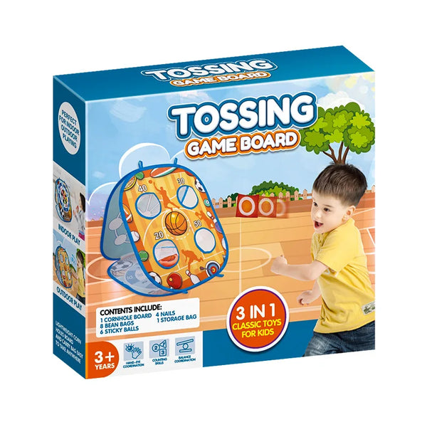 Beanbag Sticky Ball Multifunctional Target Throwing Toy packaging showing a colorful game board and a child playing with it.