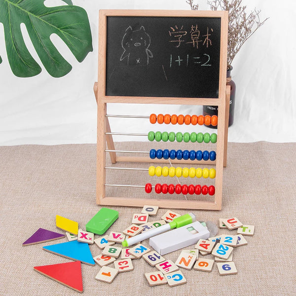 Multifunctional Wooden Magnetic Drawing & Writing Board with abacus and colorful educational toys on a table.