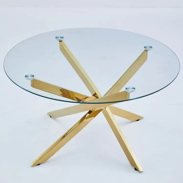 Luxury Round Dining Table with a modern glass top and geometric gold base design.