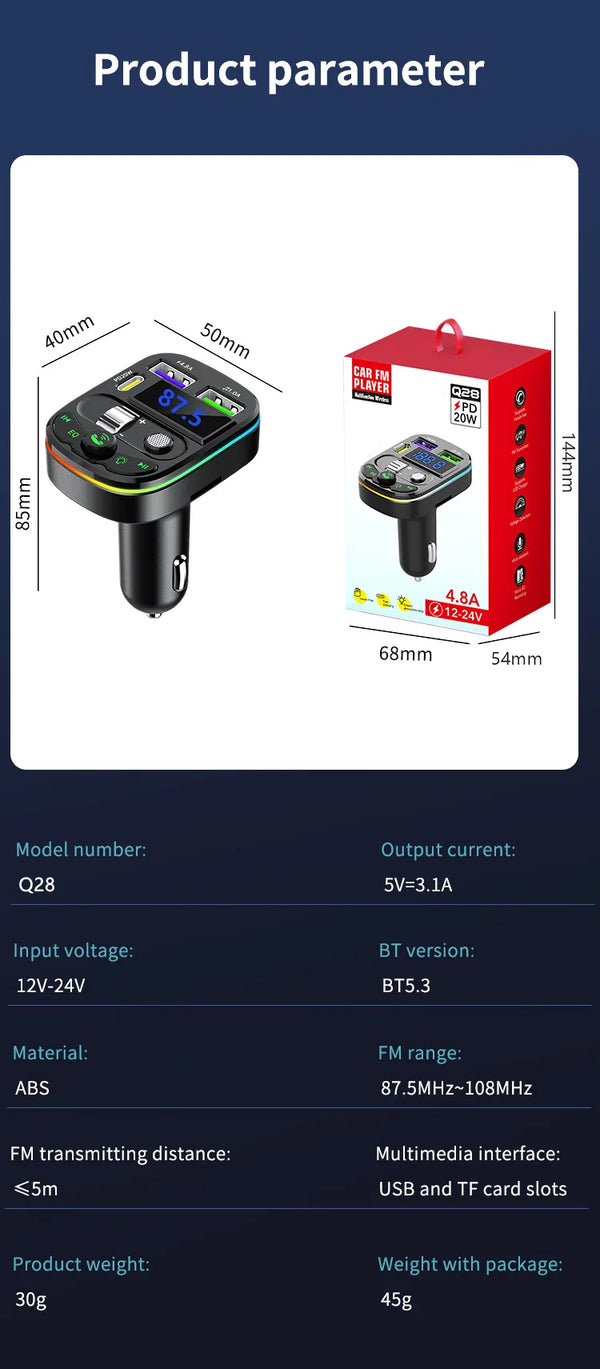 C15 BT Portable Car MP3 Player specifications including dimensions and features for easy reference.