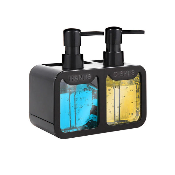 Waterproof Durable Portable Dispenser with sections for hands and dishes in a sleek black design.