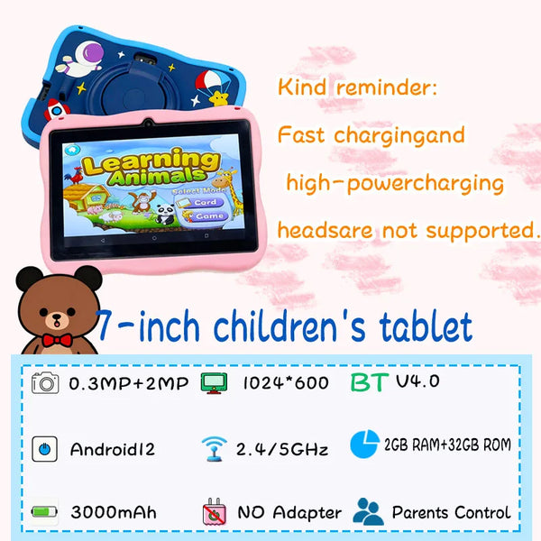 Kids Learning Flagship Q8 7-Inch Android Tablet with colorful protective case displaying educational game on screen.