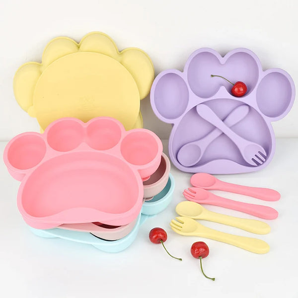 Bear Paw Shape Silicone Baby Feeding Plate Set