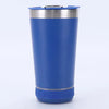 17oz Can Cooler Bluetooth Speaker Tumbler in blue color with stainless steel and speaker base.
