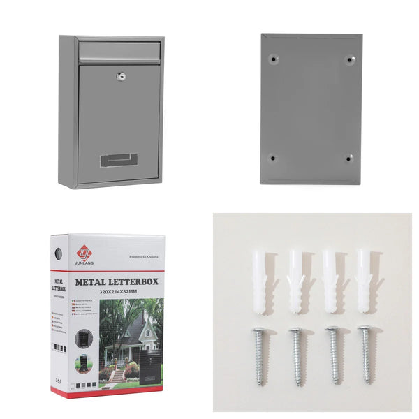 Wall-Mounted Lockable Galvanized Steel Mailbox with mounting plate, screws, and packaging.