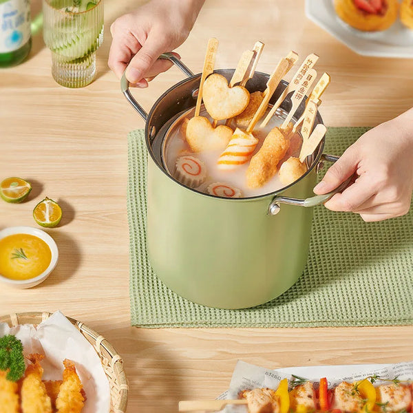 Japanese-Style Non-Stick Deep Fryer and Noodle Pot with skewered food ready for frying.
