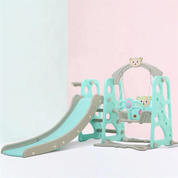 The Indoor Plastic Cartoon Slide with a swing set designed for toddlers in playful colors.