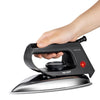 Hand holding a 1000W Electric Dry Iron designed for efficient wrinkle removal and household use.