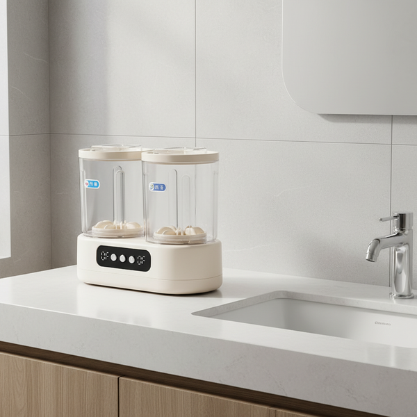 Double Cup Portable Mini Washing Machine on a kitchen countertop, showcasing a compact design for delicate laundry.