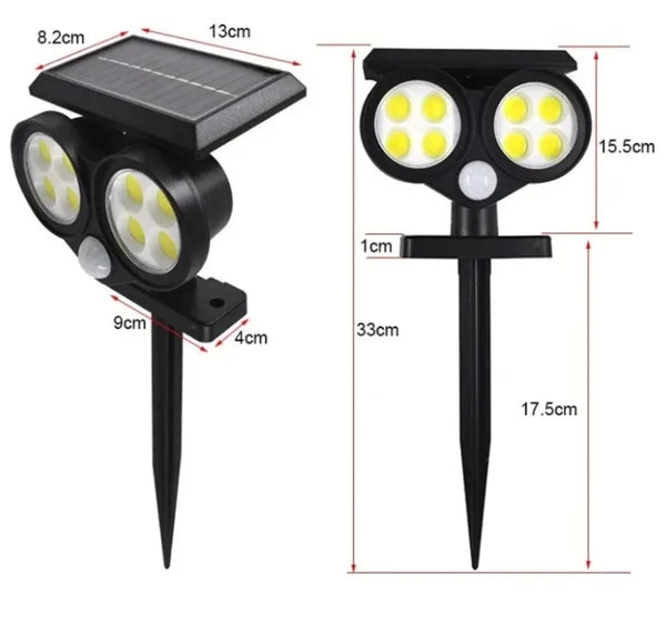 Outdoor Solar LED Garden Lamp showcasing dual LED lights and solar panel design for outdoor illumination.
