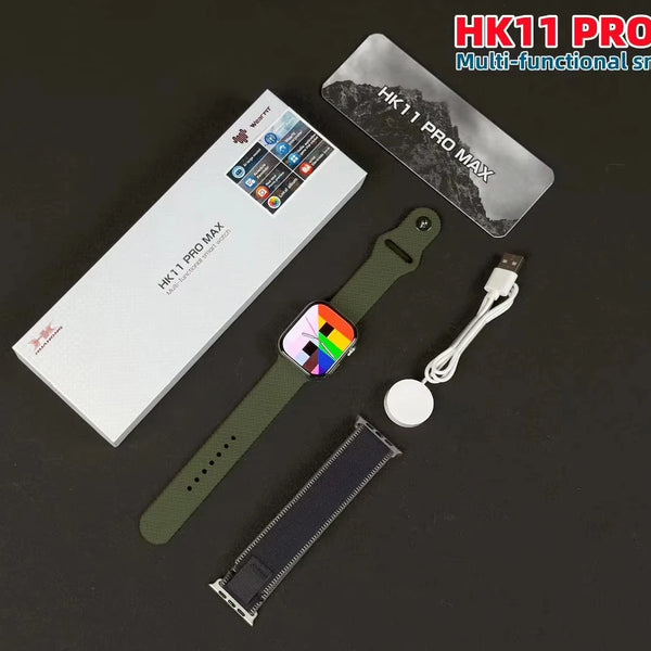 HK11 Pro Max Multifunctional Smart Watch with accessories including charger and straps.